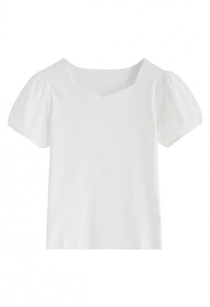Square Neck Mesh Bubble Sleeves Top in White
