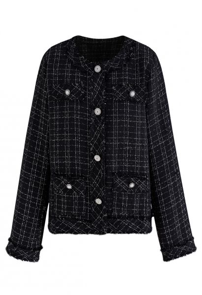 Nobby Collarless Grid Tweed Jacket in Black