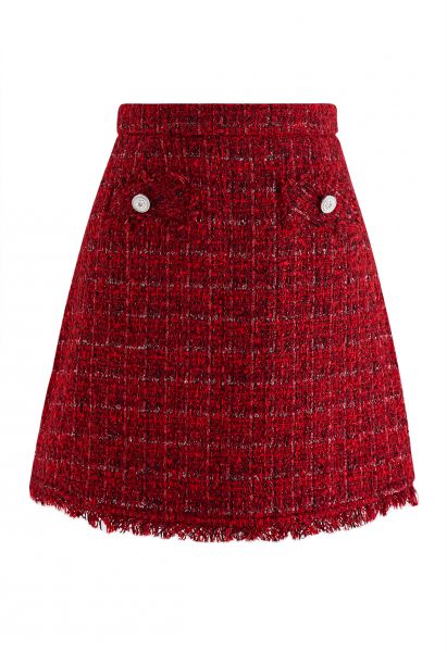 Grid Tweed Mini Bud Skirt in Red