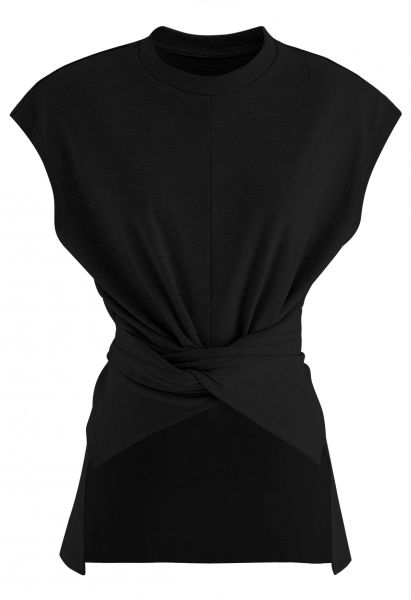 Crisscross Waist Sleeveless Cotton Top in Black