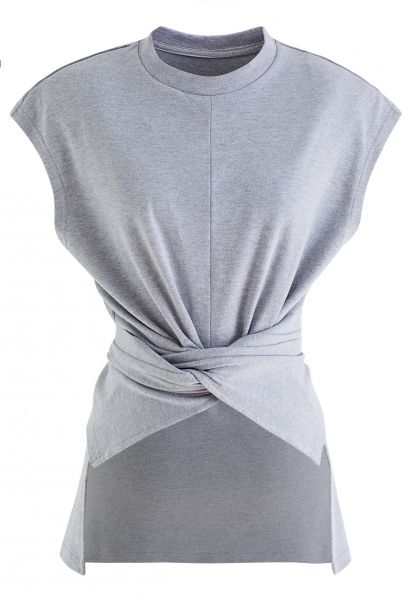 Crisscross Waist Sleeveless Cotton Top in Grey