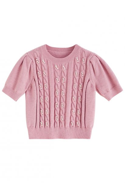 Pearl Embellished Braid Knit Top in Pink