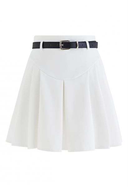 Seam Detailing Belted Pleated Mini Skirt in White
