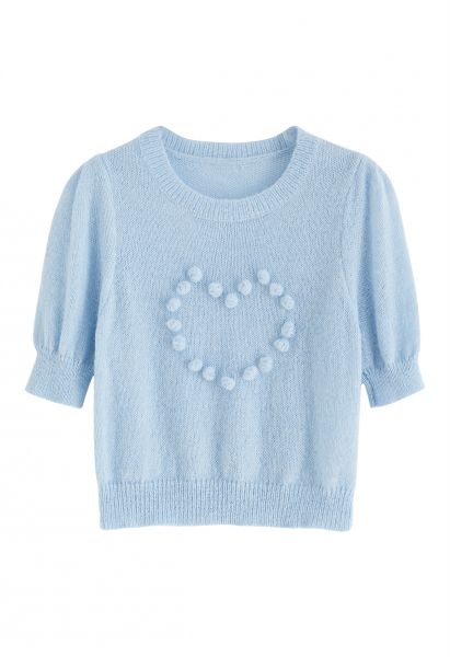 Pom-Pom Heart Short Sleeve Knit Top in Blue