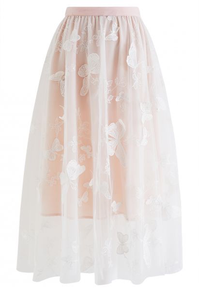 3D Butterfly Double-Layered Mesh Midi Skirt in Pink