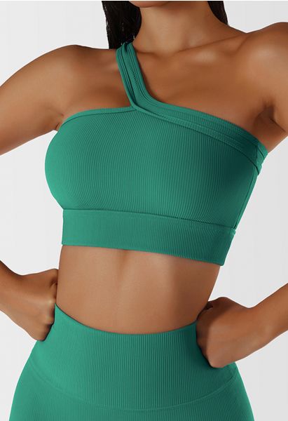 Slanted Halter Neck Ribbed Sports Bra in Green