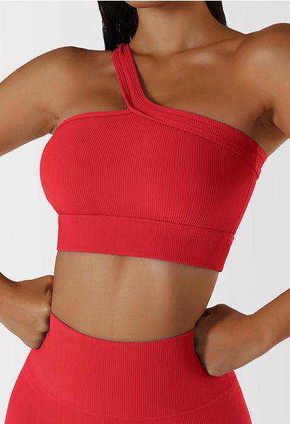 Slanted Halter Neck Ribbed Sports Bra in Red