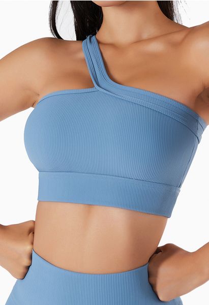 Slanted Halter Neck Ribbed Sports Bra in Blue