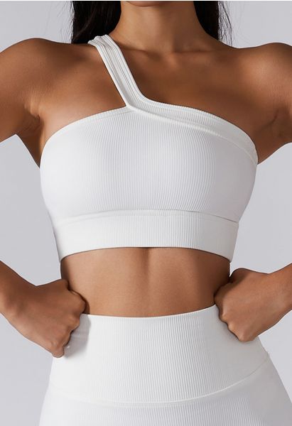 Slanted Halter Neck Ribbed Sports Bra in White