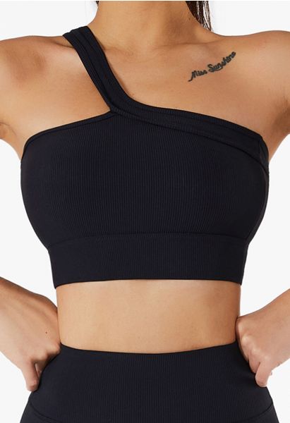 Slanted Halter Neck Ribbed Sports Bra in Black