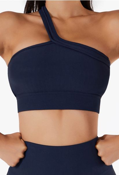 Slanted Halter Neck Ribbed Sports Bra in Navy