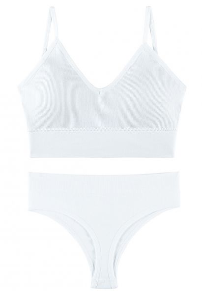 Plain Ribbed Lingerie Bra Top and Thong Set in White