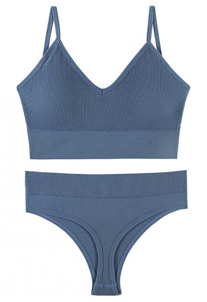 Plain Ribbed Lingerie Bra Top and Thong Set in Blue