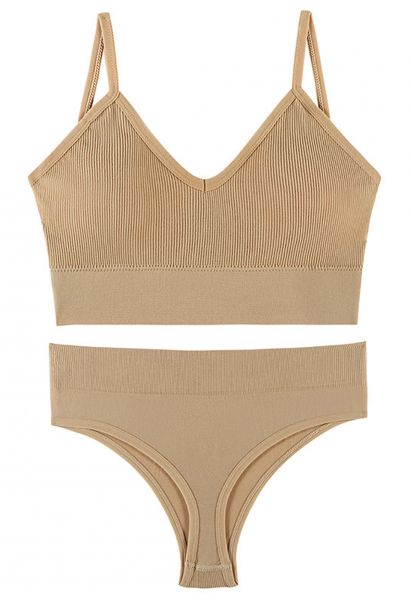 Plain Ribbed Lingerie Bra Top and Thong Set in Tan