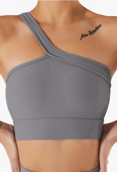 Slanted Halter Neck Ribbed Sports Bra in Grey