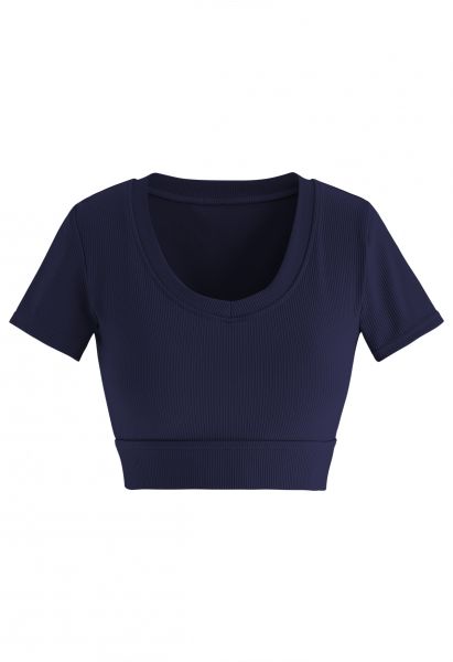 Crew Neck Ribbed Fitted Top in Navy