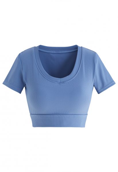 Crew Neck Ribbed Fitted Top in Blue