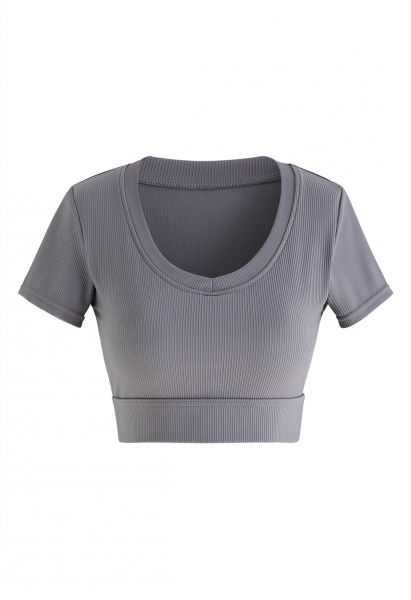 Crew Neck Ribbed Fitted Top in Grey