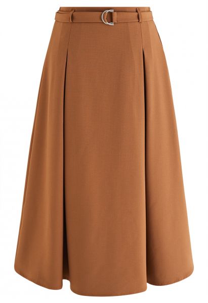 Belted Pleated A-Line Midi Skirt in Pumpkin