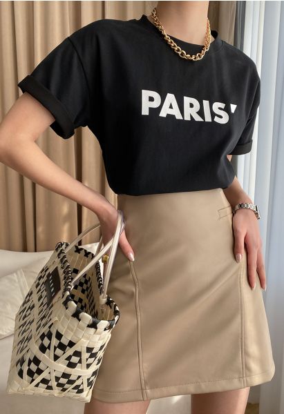 Paris Print Round Neck T-Shirt in Black