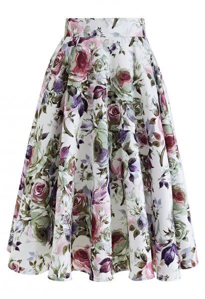 Watercolor Rose Flare Midi Skirt in Moss Green