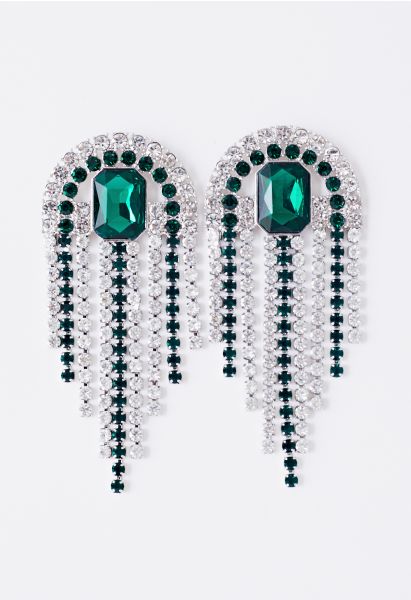 Emerald Cut Gem Diamond Tassel Earrings in Green
