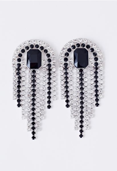 Emerald Cut Gem Diamond Tassel Earrings in Black