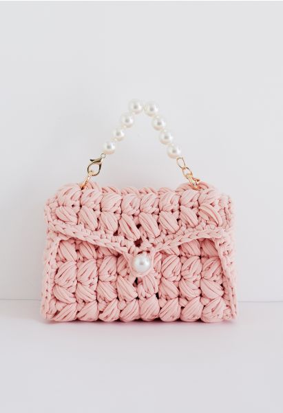 Pearl Chain Braided Chunky Knit Mini Bag in Pink