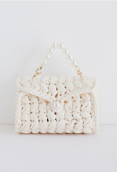 Pearl Chain Braided Chunky Knit Mini Bag in Cream