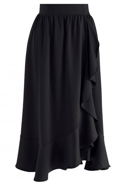 Ruffle Asymmetric Satin Midi Skirt in Black