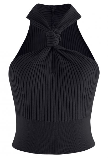 Knot Halter Neck Knit Crop Top in Black