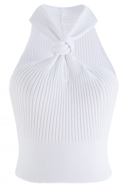 Knot Halter Neck Knit Crop Top in White