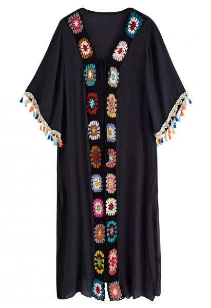 Colorful Crochet Tassel Kimono in Black