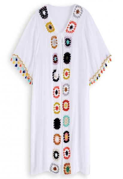 Colorful Crochet Tassel Kimono in White