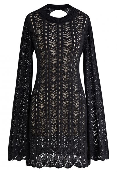 Open Back Hollow Out Knit Cover Up in Black