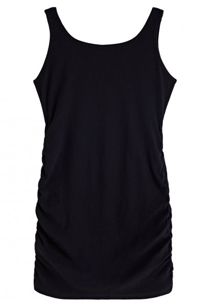 Solid Black Ruched Detailing Sleeveless Dress