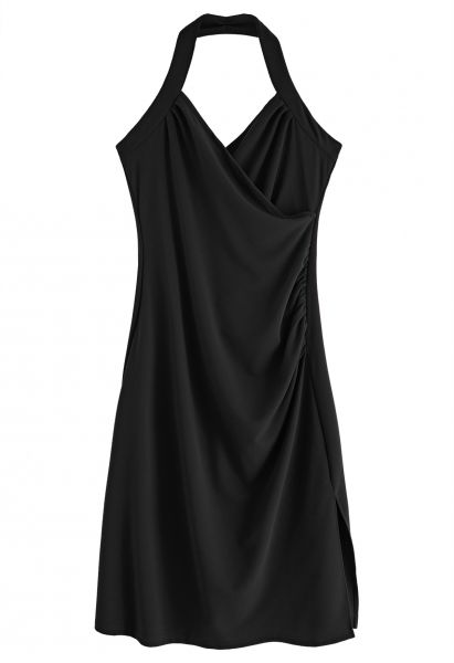 Halter Neck Wrap Bust Dress in Black