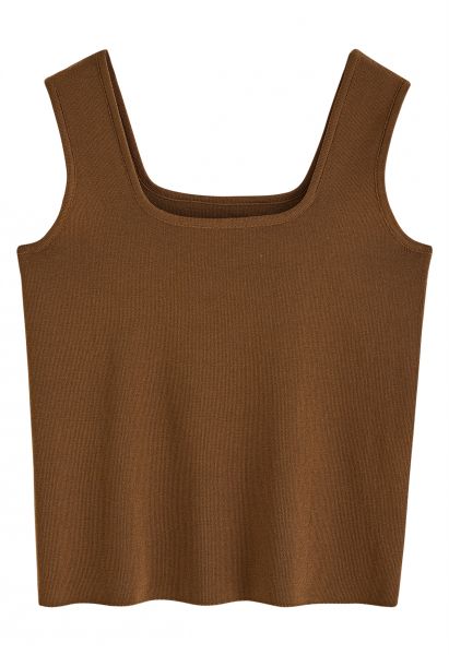 Chic Square Neck Knit Tank Top in Brown
