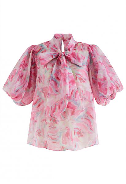Bowknot Short Bubble Sleeve Floral Top in Pink