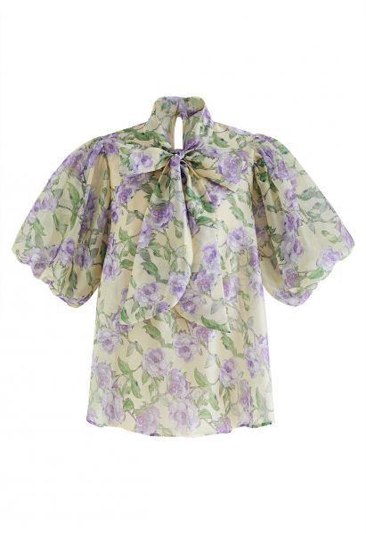 Bowknot Short Bubble Sleeve Floral Top in Green