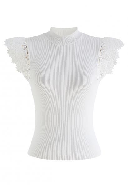 Mock Neck Lace Spliced Sleeveless Knit Top in White