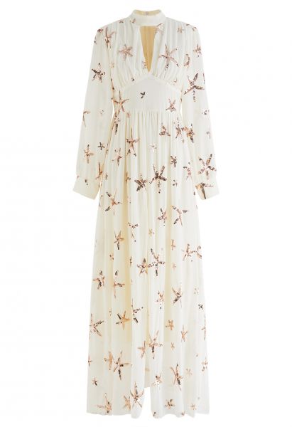 Stars Sequin-Embellished Front Slip Maxi Dress in Light Yellow
