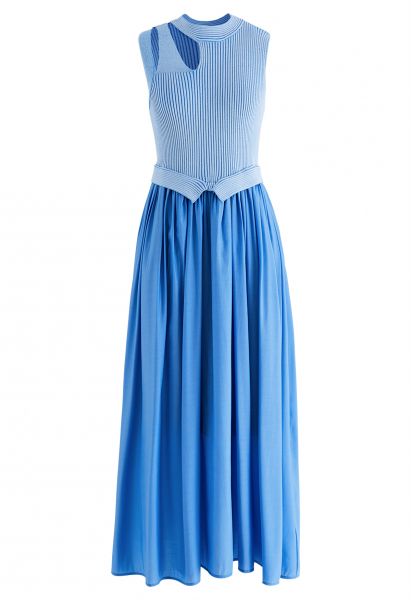 Cutout Neckline Knit Spliced Dress in Blue