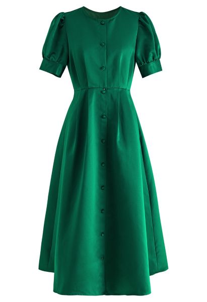 Glossy Satin Button Down Midi Dress in Emerald