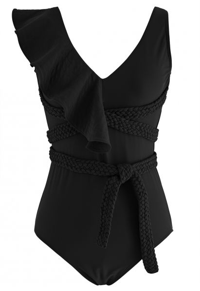 Braided Strap Ruffle Trim Swimsuit in Black