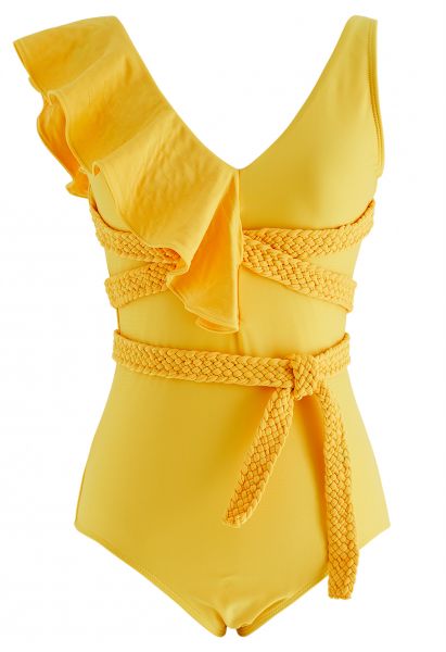 Braided Strap Ruffle Trim Swimsuit in Yellow