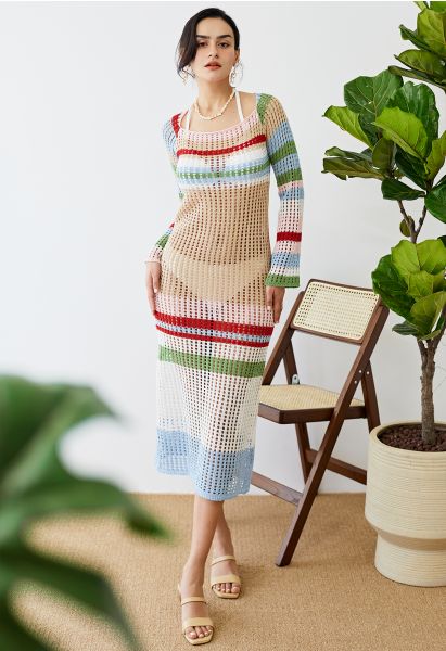 Color Striped Hollow Out Knit Cover Up