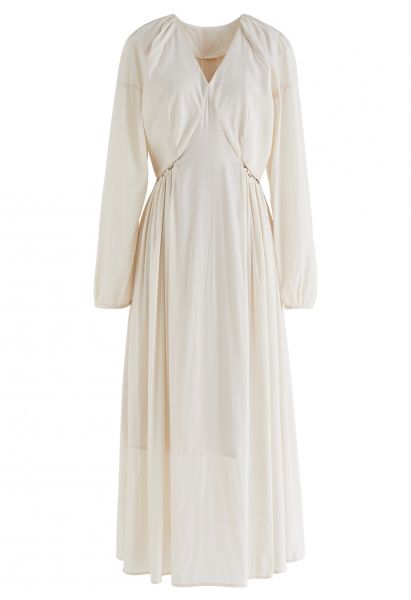 Side Waist Detail V-Neck Midi Dress in Ivory