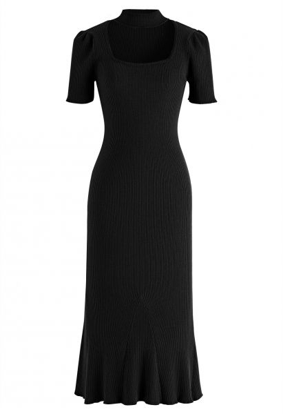 Square Neck Panel Hem Knitted Bodycon Midi Dress in Black