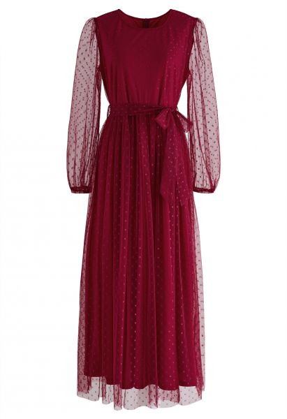 Lovely Dotted Mesh Maxi Dress in Red